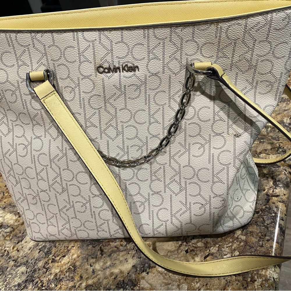 Calvin Klein White and Yellow Tote Bag
